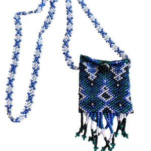 BEADED Medicine Purse Necklace Blue Green Black Diamond Patterns Loop Closure